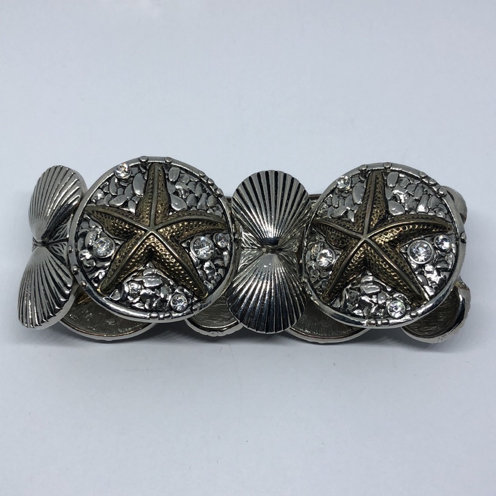 Sea ocean beach clam shell starfish coin stretch metal bracelet boho statement.